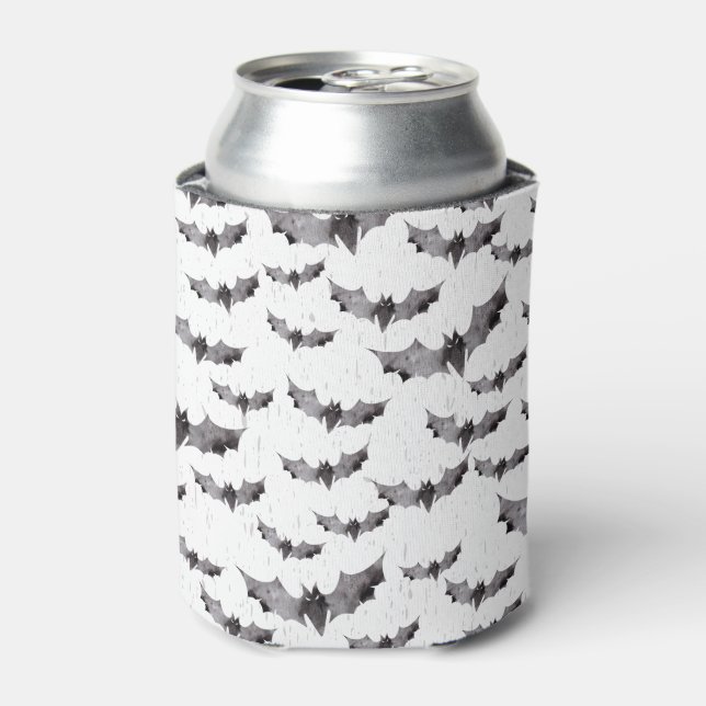 Cute Black & White Watercolor Bats Halloween Can Cooler (Can Front)