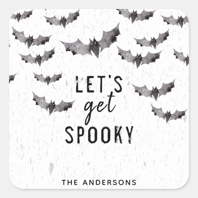 Cute Black & White Watercolor Bats Scary Halloween Square Sticker (Front)