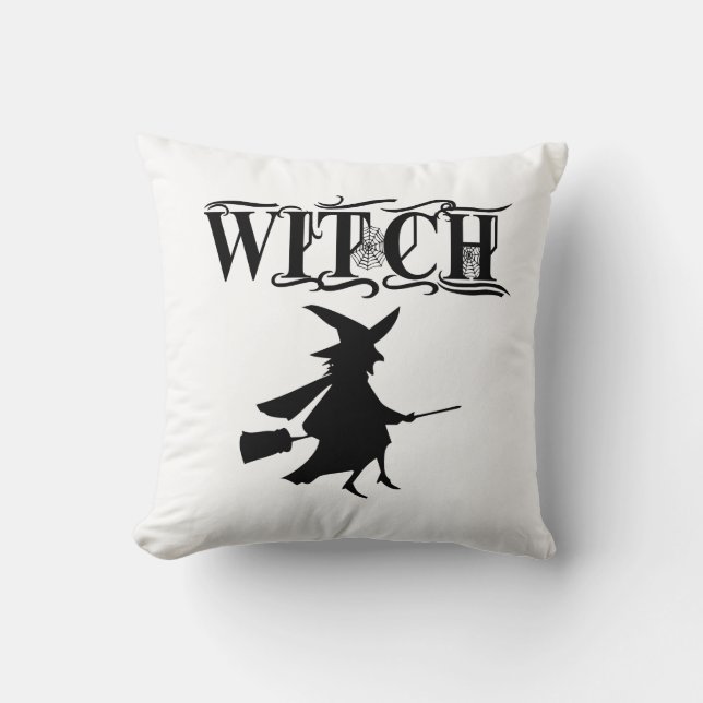 Cute Black Wicked Flying Witch Halloween Cushion (Front)