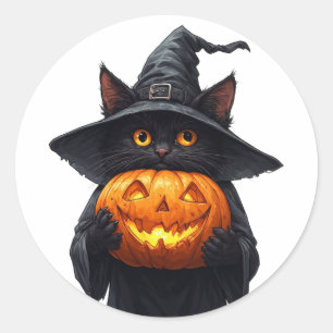 Cute Black Witch Cat Holding Glowing Pumpkin 🎃 Classic Round Sticker