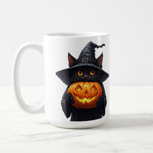 Cute Black Witch Cat Holding Glowing Pumpkin 🎃 Coffee Mug (Left)