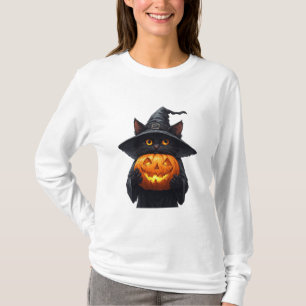 Cute Black Witch Cat Holding Glowing Pumpkin 🎃 T-Shirt