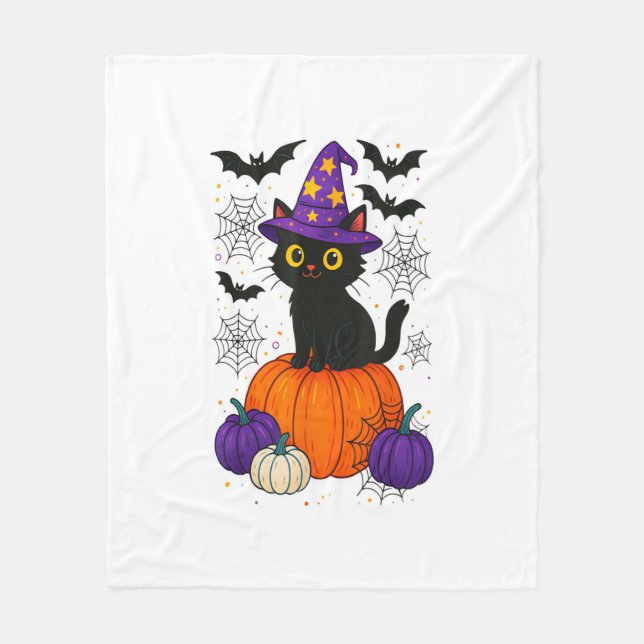 Cute Black Witch Cat Pumpkin Halloween Costume Fal Fleece Blanket (Front)