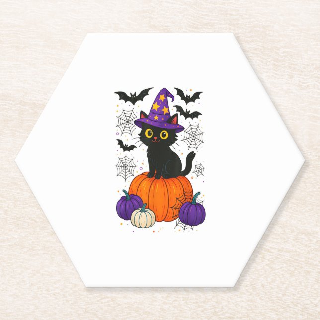 Cute Black Witch Cat Pumpkin Halloween Costume Fal Paper Coaster (Front)