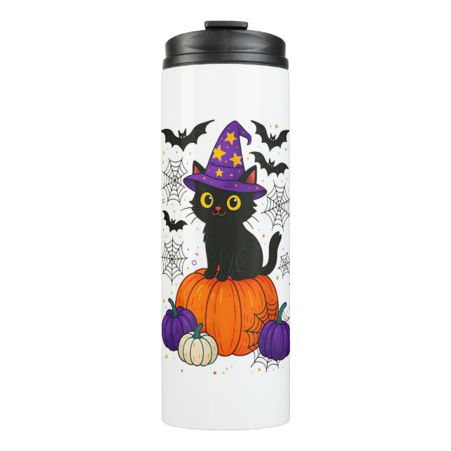 Cute Black Witch Cat Pumpkin Halloween Costume Fal Thermal Tumbler (Front)