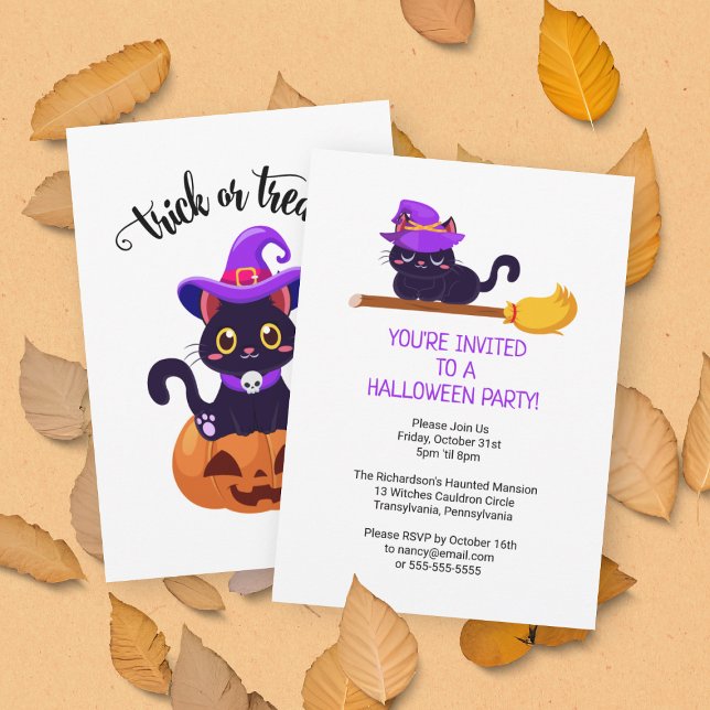 Cute Black Witch Cats Custom Halloween Party Invitation (Front and Back View)