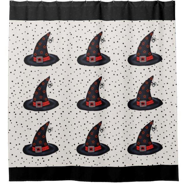 Cute Black Witch Hats Stars Dangling Spiders Shower Curtain (Front)