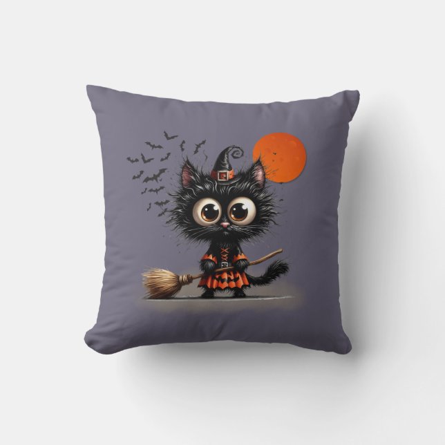 Cute Black Witch Kitten Halloween Cushion (Front)