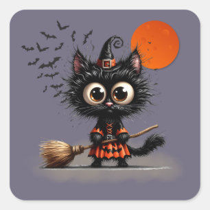 Cute Black Witch Kitten Halloween Square Sticker