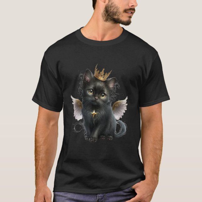 Cute Black Witchy Cat Purple Wing Boho Crown Paste T-Shirt (Front)