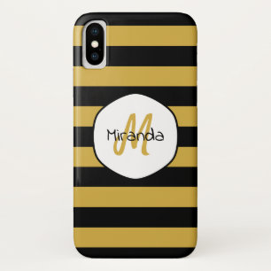 Cute Black Yellow Bee Stripes Name and Monogram iPhone X Case