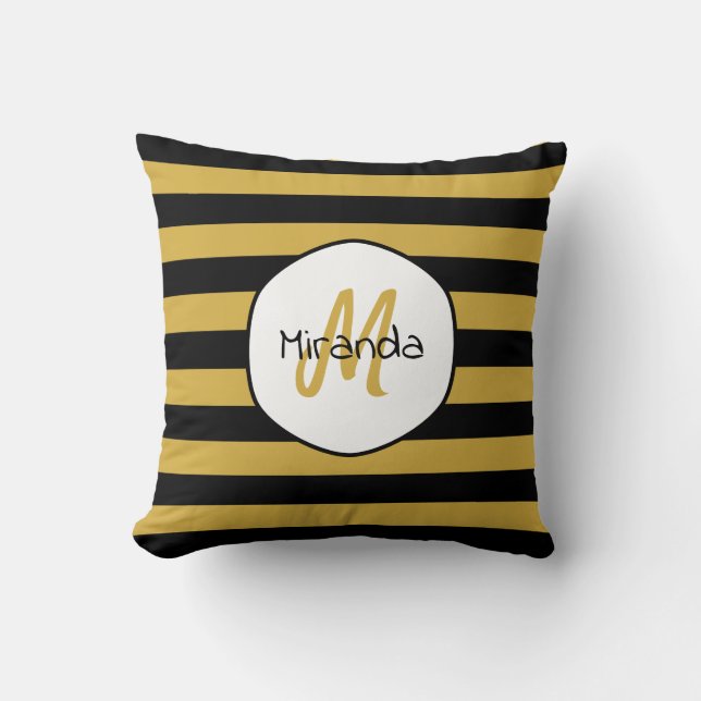 Cute Black Yellow Bee Stripes Name and Monogram Cushion (Front)