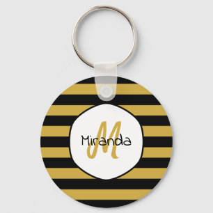 Cute Black Yellow Bee Stripes Name and Monogram Key Ring