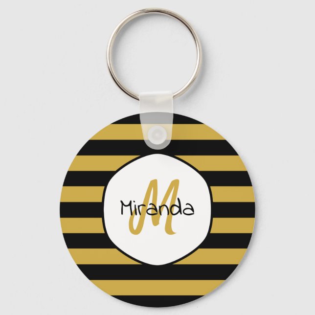 Cute Black Yellow Bee Stripes Name and Monogram Key Ring (Front)