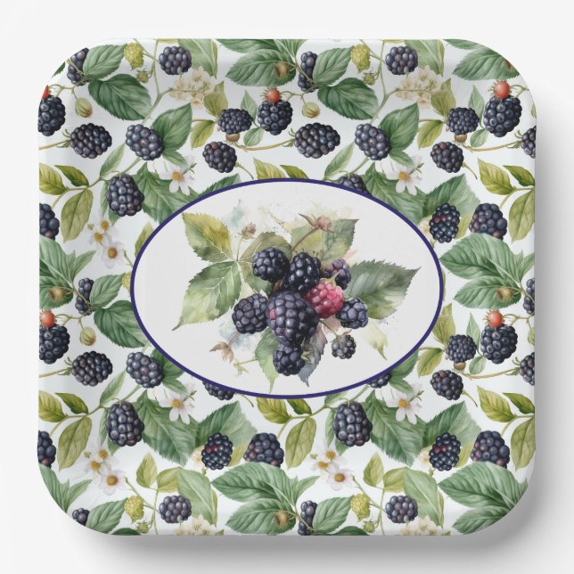 Cute Blackberries Watercolor Paper Plate (Front)