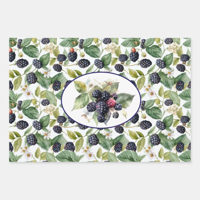 Cute Blackberries Watercolor Wrapping Paper Sheet (Front)