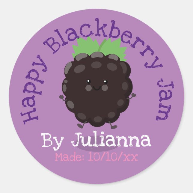 Cute blackberry jam cartoon illustration label (Front)