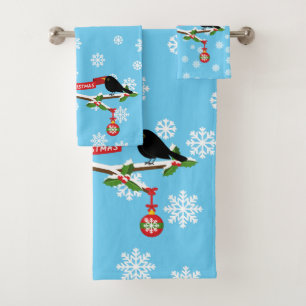 Cute Blackbird And Cardinal On Branch - MERRY XMAS Bath Towel Set