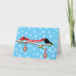 Cute Blackbird And Cardinal On Branch - MERRY XMAS Card