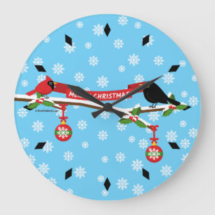 Cute Blackbird And Cardinal On Branch - MERRY XMAS Large Clock