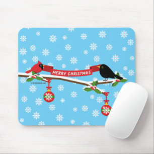 Cute Blackbird And Cardinal On Branch - MERRY XMAS Mouse Mat