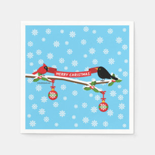 Cute Blackbird And Cardinal On Branch - MERRY XMAS Napkin