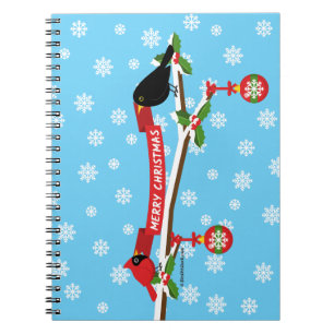 Cute Blackbird And Cardinal On Branch - MERRY XMAS Notebook