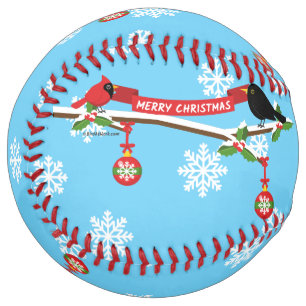 Cute Blackbird And Cardinal On Branch - MERRY XMAS Softball