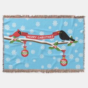 Cute Blackbird And Cardinal On Branch - MERRY XMAS Throw Blanket