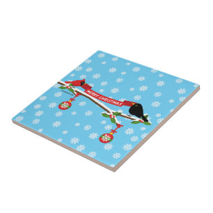 Cute Blackbird And Cardinal On Branch - MERRY XMAS Tile