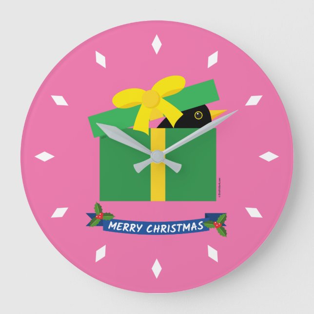 Cute Blackbird Peeking Out Of A Gift Box Large Clock (Front)