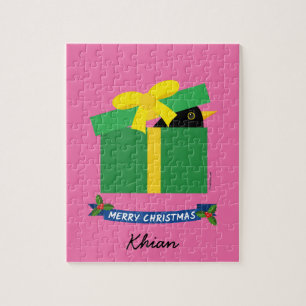 Cute Blackbird Peeking Out Of Gift Box Custom Name Jigsaw Puzzle
