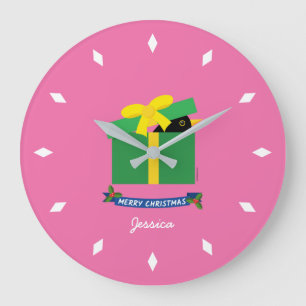 Cute Blackbird Peeking Out Of Gift Box Custom Name Large Clock