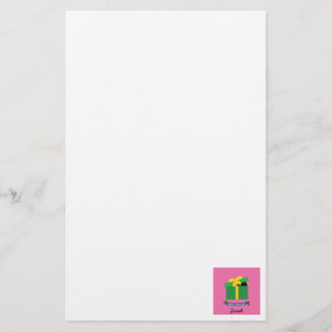 Cute Blackbird Peeking Out Of Gift Box Custom Name Stationery