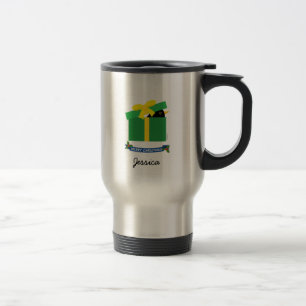 Cute Blackbird Peeking Out Of Gift Box Custom Name Travel Mug