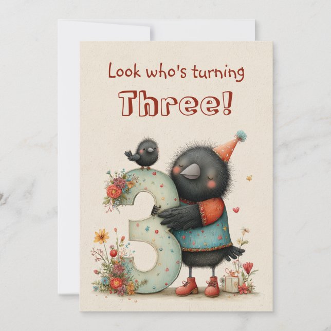 Cute Blackbird Third Birthday Three Years Old Flat Card (Front)