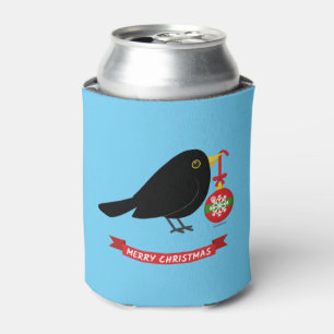 Cute Blackbird With A Christmas Ball Can Cooler