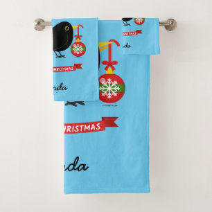Cute Blackbird With A Christmas Ball Custom Name Bath Towel Set