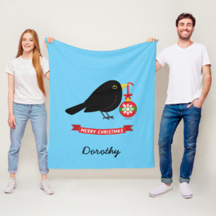 Cute Blackbird With A Christmas Ball Custom Name Fleece Blanket