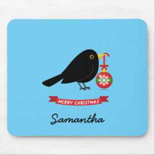 Cute Blackbird With A Christmas Ball Custom Name Mouse Mat