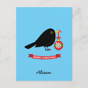 Cute Blackbird With A Christmas Ball Custom Name Postcard