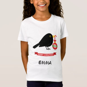 Cute Blackbird With A Christmas Ball Custom Name T-Shirt