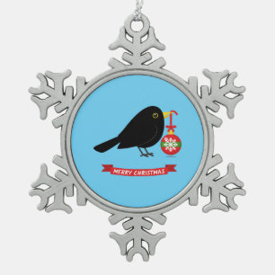 Cute Blackbird With A Christmas Ball Snowflake Pewter Christmas Ornament