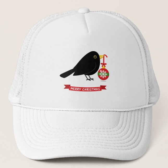 Cute Blackbird With A Christmas Ball Trucker Hat (Front)