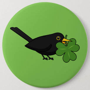 Cute Blackbird with Shamrock Clover Cartoon 6 Cm Round Badge