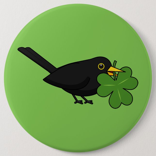 Cute Blackbird with Shamrock Clover Cartoon 6 Cm Round Badge (Front)