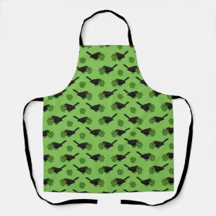 Cute Blackbird with Shamrock Clover Cartoon Apron