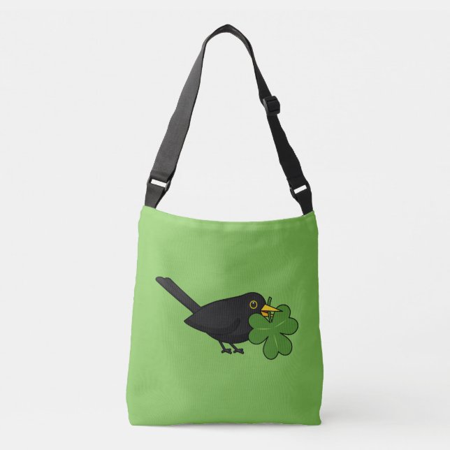 Cute Blackbird with Shamrock Clover Cartoon Crossbody Bag (Front)