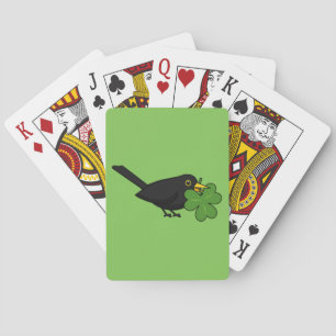 Cute Blackbird with Shamrock Clover Cartoon Playing Cards