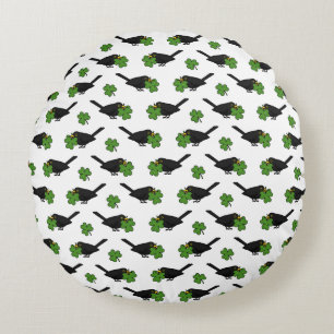 Cute Blackbird with Shamrock Clover Cartoon Round Cushion